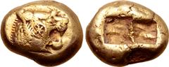 Greek Kingdom of Lydia, Alyattes EL Trite - 1/3 Stater. Sardes, circa 610-560 BC. Head of roaring lion to right, sunburst with five rays on forehead / Two incuse square punches. GRPC Lydia G25; Weidau