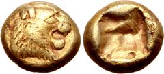 Greek Kingdom of Lydia, Alyattes EL Hemihekte - 1/12 Stater. Sardes, circa 610-560 BC. Head of roaring lion right, sun on forehead (later style) / Incuse square punch. GRPC Lydia G29; Weidauer group X