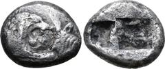 Greek Kingdom of Lydia, Kroisos AR 1/6 Stater. Sardes, circa 561-546 BC. Confronted foreparts of lion to right and bull to left / Two incuse square punches of unequal size. GRPC Lydia S6; Berk 25; Tra