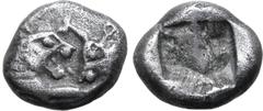 Greek Kingdom of Lydia, Kroisos AR 1/12 Stater. Sardes, circa 561-546 BC. Confronted foreparts of lion right and bull left / Incuse square. GRPC Lydia S8; SNG Kayhan 1020-21; SNG von Aulock 2880. 0.83