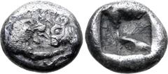 Greek Kingdom of Lydia, Kroisos AR 1/12 Stater. Sardes, circa 561-546 BC. Confronted foreparts of lion to right and bull to left / Incuse square punch. GRPC Lydia S8; Traité I, 413; SNG Kayhan I 1020-