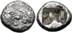 Greek Kingdom of Lydia, Kroisos AR 1/24 Stater. Sardes, circa 561-546 BC. Confronted foreparts of lion to right and bull to left / Incuse square punch. GRPC Lydia S9; Berk -; Traité -; SNG Kayhan I 10