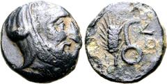 Greek Lydia, Satraps. Autophradates Æ 11mm. Circa 380-350 BC. Head of satrap to right, wearing kyrbasia / Grain ear and monoskelis; OΛ to right. GRPC Lydia 11. 1.22g, 11mm, 6h. Very Fine. From a priva