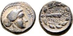 Greek Lydia, Sardes Æ 15mm. Circa 133 BC-AD 1. Laureate head of Apollo to right / Club; ΣΑΡΔΙ-ΑΝΩΝ across fields, ΔΓ monogram below; all within laurel wreath. GRPC Lydia 6; cf. SNG Copenhagen 470-483.