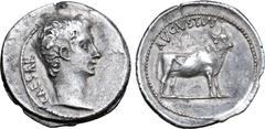 Roman Imperial Augustus AR Denarius. Samos or Pergamum(?), 21-20 BC. CAESAR, bare head to right / AVGVSTVS, bull standing facing, head to right. RIC I 475 (Samos?); BMCRE 663 (uncertain mint in the Ea