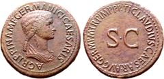 Roman Imperial Agrippina I (sister-in-law of Claudius I) Æ Sestertius. Rome, circa AD 50-54. AGRIPPINA M F GERMANICI CAESARIS, draped bust to right / TI CLAVDIVS CAESAR AVG GERM P M TR P IMP P P aroun