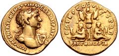 Roman Imperial Trajan AV Aureus. Rome, AD 116. IMP CAES NER TRAIAN OPTIM AVG GER DAC PARTHICO, laureate bust to right, aegis on far shoulder / P M TR P COS VI P P S P Q R, trophy with two Parthian cap