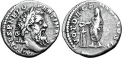 Roman Imperial Pertinax AR Denarius. Rome, AD 193. IMP CAES P HELV PERTIN AVG, laureate head to right / VOT DECEN TR P COS II, Pertinax, veiled, standing facing, head to left, sacrificing out of pater