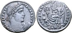 Roman Imperial Constantine I BI Nummus. Constantinople, AD 328. CONSTANTINVS MAX AVG, rosette-diademed, draped and cuirassed bust to right / CONSTANTINIANA DAFNE, Victory seated to left on cippus, pal