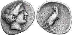 Greek Elis, Olympia AR Hemidrachm. Hera mint, 106th-107th Olympiad, 356-352 BC. Head of Hera to right, wearing stephane / Eagle standing to right on rock, with wings closed and head reverted to left. 