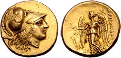 Greek Kingdom of Macedon, Alexander III 'the Great' AV Stater. Struck under Menes. Sidon, dated RY 7 of Abdalonymos = 327/6 BC. Head of Athena to right, wearing triple-crested Corinthian helmet decora
