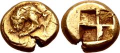 Greek Mysia, Kyzikos EL Hekte. Circa 550-500 BC. Forepart of lioness to left, devouring prey; tunny fish upwards behind / Quadripartite incuse square. SNG BnF 181; Greenwell 109; Rosen 436; cf. Von Fr