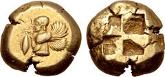 Greek Mysia, Kyzikos EL Stater. Circa 550-500 BC. Half-length bust of Kore-Persephone to left, wearing kekryphalos headdress, round earring and long-sleeved chiton, in her right hand holding a tunny f