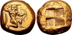 Greek Mysia, Kyzikos EL Stater. Circa 500-450 BC. Herakles, nude, in kneeling-running stance to right, holding club overhead and bow; behind, tunny upward / Quadripartite incuse square. Von Fritze 107