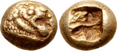 Greek Kingdom of Lydia, Alyattes EL Hemihekte. Sardes, circa 610-600 BC. Head of lion with open jaws to right facing [head of lion with open jaws to left]; [VALVEL] in Lydian script before / Incuse sq