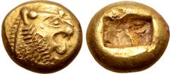 Greek Kingdom of Lydia, Alyattes EL Trite - 1/3 Stater. Sardes, circa 600-561 BC. Head of roaring lion to right, sunburst with five rays on forehead / Two incuse square punches. GRPC Lydia G25; Weidau
