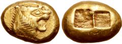 Greek Kingdom of Lydia, Alyattes EL Trite - 1/3 Stater. Sardes, circa 600-561 BC. Head of roaring lion to right, sunburst with five rays on forehead / Two incuse square punches. GRPC Lydia G25; Weidau