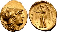 Greek Seleukid Empire, Seleukos I Nikator AV Distater. Uncertain mint in Cappadocia, Syria, or Mesopotamia, after 305 BC. Attic standard. Head of Athena to right, wearing crested Corinthian helmet orn