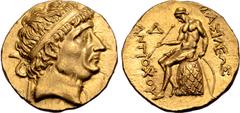 Greek Seleukid Empire, Antiochos I Soter AV Stater. Aï Khanoum, circa 266-261 BC. Diademed head to right, with elderly features / Apollo Delphios seated to left on omphalos, testing arrow in his right