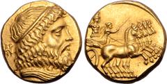 Greek Parthia, Andragoras AV Stater. Circa 246/5-239/8 BC. Diademed and draped bust of Zeus to right; monogram of Andragoras behind / Fast quadriga driven by Nike to right, holding kentron and reins, 