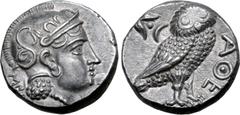 Greek Baktria, 'Athenian Series' AR Didrachm. Uncertain mint in the Oxus region, circa 261-239/8 BC. Attic standard. Head of Athena to right, wearing earring, necklace, and crested Attic helmet decora