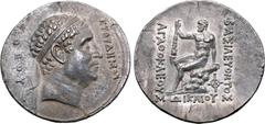 Greek Greco-Baktrian Kingdom, Agathokles AR Tetradrachm. Circa 185-180 BC. Commemorative issue struck for Euthydemos I. Diademed head of Euthydemos I to right; ΕΥΘΥΔΗΜΟΥ before, ΘΕΟΥ behind / Herakles