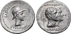 Greek Greco-Baktrian Kingdom, Eukratides I Megas AR Tetradrachm. Circa 170-145 BC. Dynastic pedigree issue. Draped and cuirassed bust to right, wearing crested helmet adorned with bull's horn and ear;