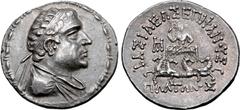 Greek Greco-Baktrian Kingdom, Plato AR Tetradrachm. Circa 145-140 BC. Diademed and draped bust to right / ΒΑΣΙΛΕΩΣ ΕΠΙΦΑΝΟΥΣ ΠΛΑΤΩΝΟΣ, radiate figure of Helios standing facing on quadriga; monogram to