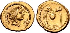 Roman Imperatorial Julius Caesar AV Aureus. Rome, 46 BC. A. Hirtius, praetor. Veiled head of Vesta to right, C•CAESAR COS TER around / Emblems of the augurate and pontificate: lituus, guttus, and secu