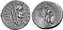 Roman Imperatorial Julius Caesar AR Denarius. Rome, February-March 44 BC. Cossutius Maridianus, moneyer. Wreathed and veiled head to right; CAESAR• before, DICT•PERPETVO behind / Venus standing to lef