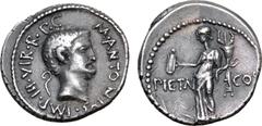 Roman Imperatorial Marc Antony AR Denarius. Military mint moving with Antony, 41 BC. Bare head to right, lituus behind, M•ANTONIVS•IMP•III•VIR•R•P•C• around / Pietas standing to left, holding turibulu