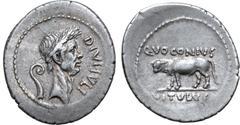 Roman Imperatorial Divus Julius Caesar AR Denarius. Rome, 40 BC. Q. Voconius Vitulus, moneyer. Laureate head to right; DIVI•IVLI downwards before, lituus behind / Bull-calf walking to left; Q•VOCONIVS