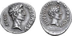 Roman Imperial Augustus, with Divus Julius Caesar, AR Denarius. M. Sanquinius, moneyer. Rome, 17 BC. AVGVSTVS DIVI • F, bare head of Augustus to right / M • SANQVI NIVS • III • VIR, youthful, laureate