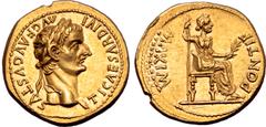 Roman Imperial Tiberius AV Aureus. Lugdunum, circa AD 14-37. TI CAESAR DIVI AVG F AVGVSTVS, laureate head to right / PONTIF MAXIM, Livia, as Pax, seated to right on throne with ornamented legs, holdin