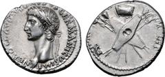Roman Imperial Nero Claudius Drusus (father of Claudius I) AR Denarius. Rome, circa AD 41-45. NERO CLAVDIVS DRVSVS GERMANICVS IMP, laureate head to left / DE GERMANIS, two oblong shields crossed, over