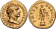 Roman Imperial Trajan AV Aureus. Rome, AD 101-102. IMP CAES NERVA TRAIAN AVG GERM, laureate bust to right, aegis on far shoulder / P•M•TR P• COS•IIII•P•P, Hercules standing facing on low base, holding
