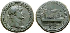 Roman Imperial Trajan Æ Sestertius. Rome, AD 103-104. IMP CAES NERVAE TRAIANO AVG GER DAC P M TR P COS V P P, laureate bust to right, slight drapery on far shoulder / S•P•Q•R• OPTIMO PRINCIPI, a view 