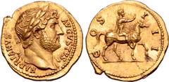 Roman Imperial Hadrian AV Aureus. Rome, AD 125-126/7. HADRIANVS AVGVSTVS, laureate head to right, drapery on far shoulder / COS III, Hadrian on horseback to right, raising right hand. RIC II.3 781; C.