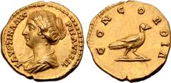 Roman Imperial Faustina II (daughter of A. Pius) AV Aureus. Rome, AD 145. FAVSTINA AVG PII AVG FIL, draped bust to left, wearing hair fastened in chignon at back of head / CONCORDIA, dove standing to 