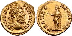 Roman Imperial Pertinax AV Aureus. Rome, late January-March AD 193. IMP CAES P HELV PERTIN AVG, laureate bust to right / PROVID DEOR COS II, Providentia standing facing, head to left, raising open rig