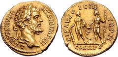 Roman Imperial Septimius Severus AV Aureus. Rome, AD 194. L•SEPT SEV PERT AVG IMP III, laureate head to right / DIS AVSPICIB TR P II, Hercules standing to left, holding club and with lion skin draped 