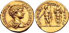 Roman Imperial Caracalla, as Caesar, AV Aureus. Rome, AD 195-198. M AVR ANTON CAES PONTIF, bare-headed and draped bust to right / PRINCIPI IVVENTVTIS, togate Caracalla standing to left, holding baton 