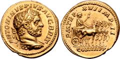 Roman Imperial Caracalla AV Aureus. Rome, AD 213. ANTONINVS PIVS AVG BRIT, laureate and cuirassed bust to right / P M TR P XVI IMP II, Caracalla, laureate and draped, riding in triumphal quadriga to r