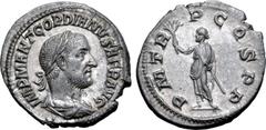 Roman Imperial Gordian I Africanus AR Denarius. Rome, March-April AD 238. IMP M ANT GORDIANVS AFR AVG, laureate, draped and cuirassed bust to right / P M TR P COS P P, Gordian standing facing, head to