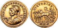 Roman Imperial Probus AV Aureus. Serdica, AD 280. IMP C M AVR PROBVS P F AVG, laureate, helmeted and cuirassed bust to left, with aegis on cuirass, holding spear over right shoulder and shield decorat