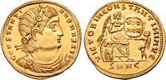 Roman Imperial Constantine I 'the Great' AV Solidus. Nicomedia, AD 335. CONSTANTINVS MAX AVG, diademed, draped and cuirassed bust to right / VICTORIA CONSTANTINI AVG, Victory seated to right on cuiras