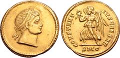 Roman Imperial Constantius II, as Caesar, AV Solidus. Ticinum, AD 326. Diademed head to right, with uplifted gaze / CONSTANTIVS CAESAR, Victory standing to left, holding wreath and palm; SMT in exergu