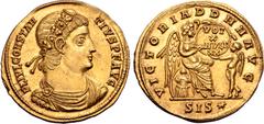 Roman Imperial Constantius II AV Solidus. Decennalia issue. Siscia, AD 337-340. FL IVL CONSTANTIVS P F AVG, laurel and rosette-diademed, draped and cuirassed bust to right / VICTORIA DD NN AVG, Victor