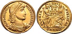 Roman Imperial Constantius II AV Solidus. Antioch, AD 347-355. FL IVL CONSTANTIVS PERP AVG, pearl-diademed, draped and cuirassed bust to right / GLORIA REIPVBLICAE, Roma, seated facing on left, and Co