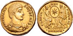 Roman Imperial Julian II, as Caesar, AV Solidus. Antioch, AD 355-361. D N IVLIANVS NOB CAES, bare-headed, draped and cuirassed bust to right / GLORIA REIPVBLICAE, Roma, seated facing on left, and Cons